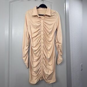 Ruched Button-Front Long Sleeve Dress in Beige